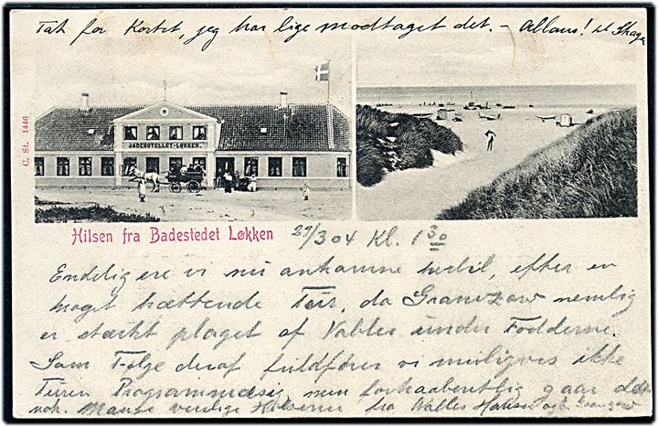 Hilsen fra Badestedet Løkken. Stenders no. 1446. Frankeret med 5 øre Våben annulleret lapidar Løkken d. 29.7.1904 til Hellerup.