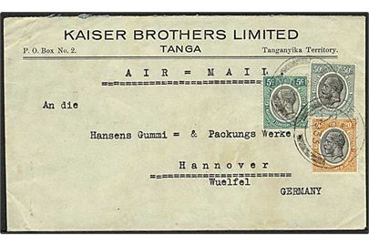 Mandated Terrotory of Tanganyika. 5 c., 20 c. og 50 c. George V på 75 c. frankeret luftpostbrev fra Tanga d. 29.11.1933 til Hannover, Tyskland.