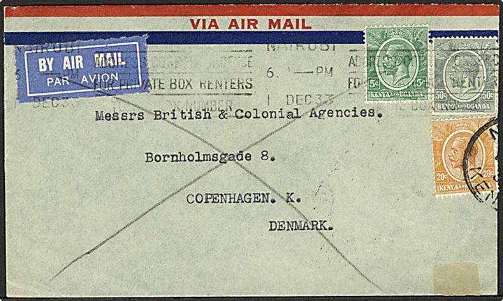 Kenya & Uganda. 5 c., 20 c. og 50 c. på 75 c. frankeret luftpostbrev fra Nairobi d. 1.12.1933 via Kjøbenhavn-Warnemünde til København, Danmark.
