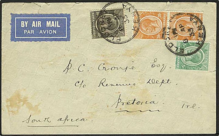 Kenya and Uganda. 5 c., 10 c. og 20 c. (2) George V på 35 c. frankeret luftpostbrev fra Eldoret d. 8.4.1933 til Pretoria, South Africa.