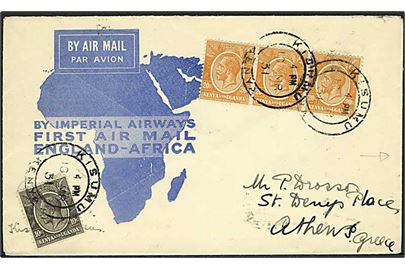 Kenya and Uganda. 10 c. og 20 c. (3) George V på illustreret Imperial Airways flyvningskuvert fra Kisumu d. 10.3.1931 til Athen, Grækenland. Græske luftpost stempler på bagsiden.