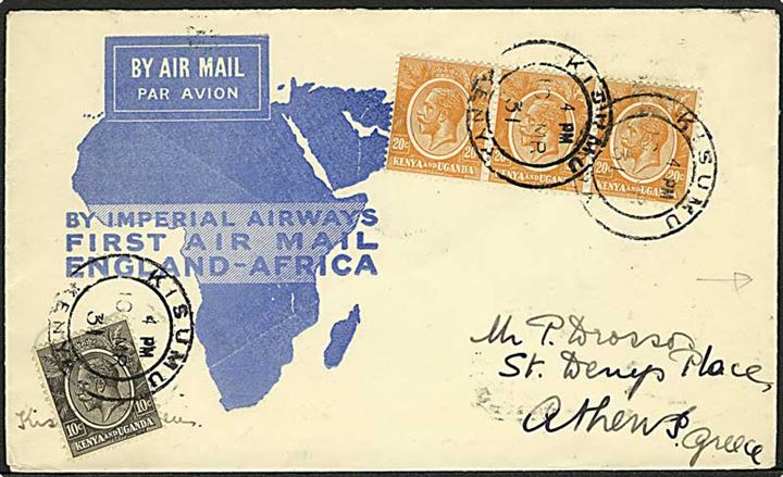 Kenya and Uganda. 10 c. og 20 c. (3) George V på illustreret Imperial Airways flyvningskuvert fra Kisumu d. 10.3.1931 til Athen, Grækenland. Græske luftpost stempler på bagsiden.