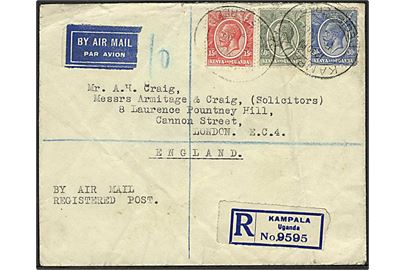 Kenya and Uganda. 15 c., 30 c. og 50 c. George V på anbefalet brev fra Kampala Uganda d. 5.11.1931 til London, England.