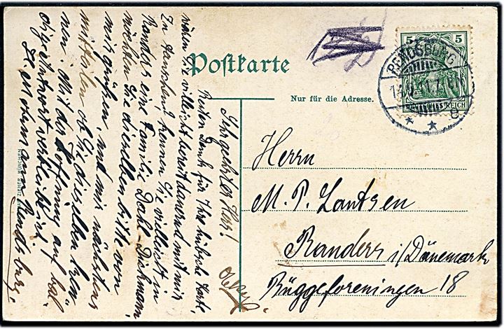Kaiser Friedrich III, SMS, ved Rendsburg. Frankeret med 5 pfg. Germania (2) annulleret Rendsburg d. 14.5.1911 og på billedsiden Hamburg - Vamdrup Bahnpost Zug 576 d. 14.5.1911 til Randers, Danmark.