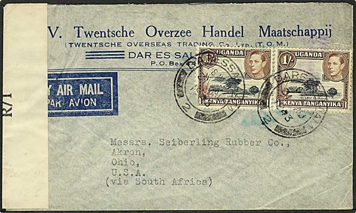 1/- George VI (2) på luftpostbrev fra Dar es Salam d. 31.8.1943 til Akron, USA. Åbnet af lokal censur Opened by Examiner R/1.