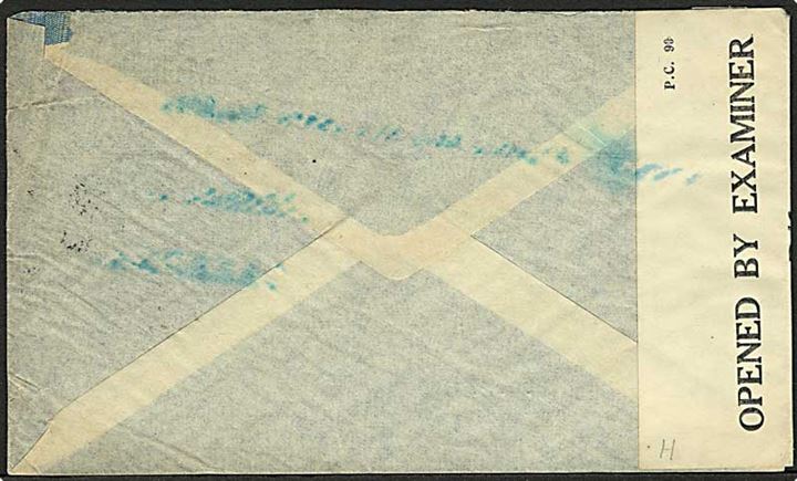 1/- George VI (2) på luftpostbrev fra Dar es Salam d. 31.8.1943 til Akron, USA. Åbnet af lokal censur Opened by Examiner R/1.