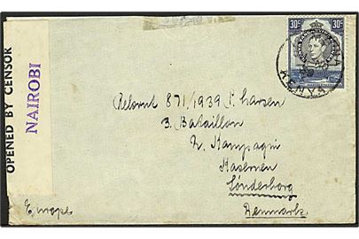 30 c. George VI single på brev fra Lumbwa d. 11.11.1939 til soldat ved 3. Bataillon på Sønderborg Kaserne, Danmark. Åbnet af lokal censur i Nairobi no. 32.