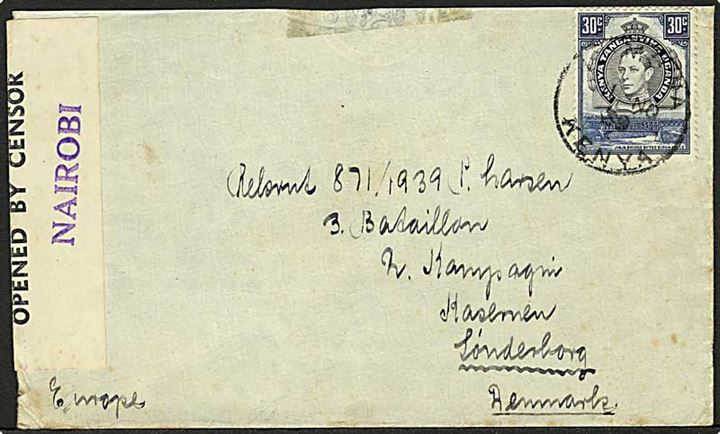 30 c. George VI single på brev fra Lumbwa d. 11.11.1939 til soldat ved 3. Bataillon på Sønderborg Kaserne, Danmark. Åbnet af lokal censur i Nairobi no. 32.