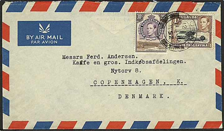 30 c. og 1/- George VI på luftpostbrev fra Moshi d. 11.6.1952 til København, Danmark.