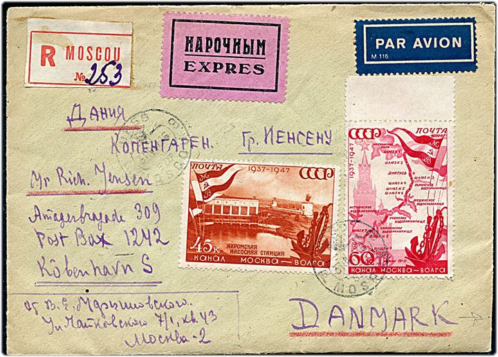 60 kop. Sovjetiske frimærker 25 år blok udg (rift)., samt 45 kop. og 60 kop. Moskva-Volga Kanal, på for- og bagside af anbefalet ekspres luftpostbrev fra Moskva d. 31.10.1947 til København, Danmark. Høj mærkeværdi.