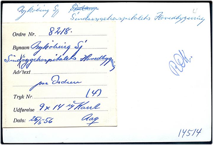 Nykøbing Sj., Sindsygehospitalets hovedbygning. 12x18 cm.  Forlæg til fremstilling af postkort fra Rudolf Olsens Kunstforlag.