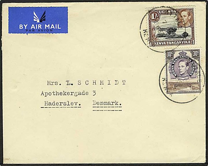 30 c. og 1/- George VI på luftpostbrev fra Kitale d. 7.10.1953 til Haderslev, Danmark.