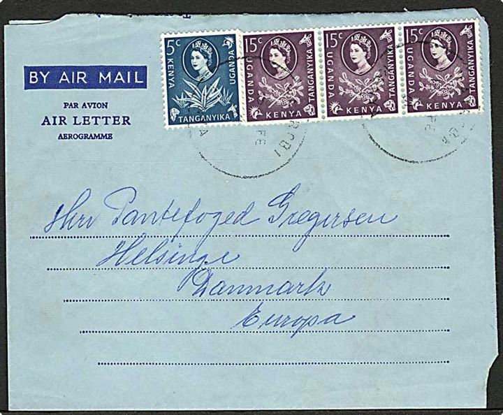 5 c. og 15 c. (3-stribe) Elizabeth på air letter fra Nairobi d. 14.2.1951 til Helsinge, Danmark.