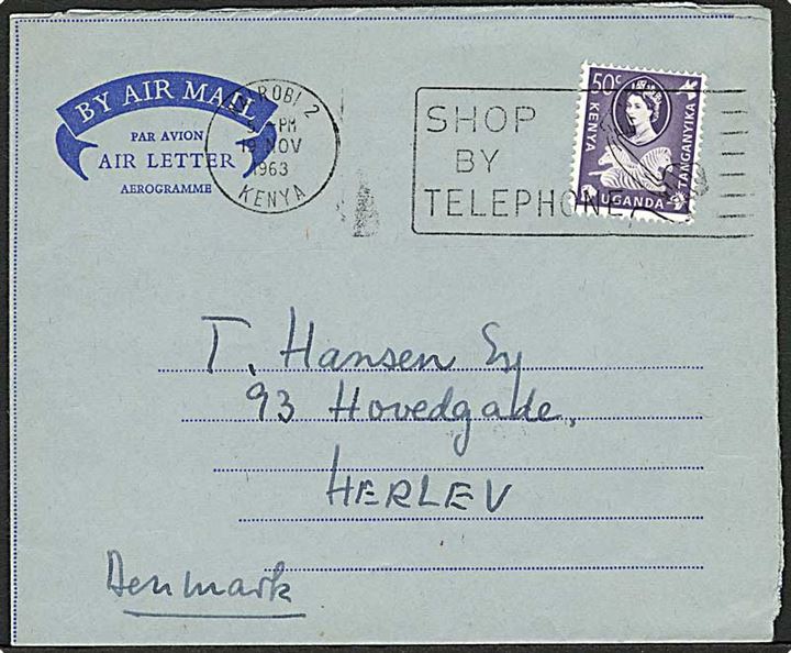 50 c. Elizabeth single på air letter fra Nairobi d. 19.11.1963 til Herlev, Danmark.