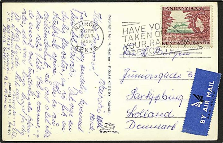 65 c. Elizabeth single på luftpost brevkort fra Nairobi d. 15.3.1958 til Sakskøbing, Danmark.