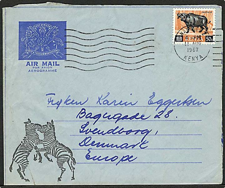 50 c. Kenya single på illustreret aerogram fra Nairobi d. 11.8.1967 til Svendborg, Danmark.