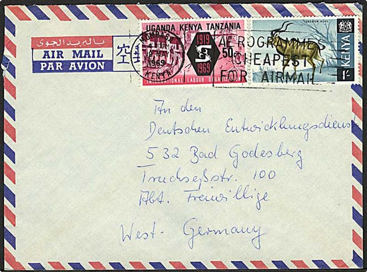 1/- og 50 c. på luftpostbrev fra Mombasa d. 19.5.1969 til Bad Godesberg, Tyskland.