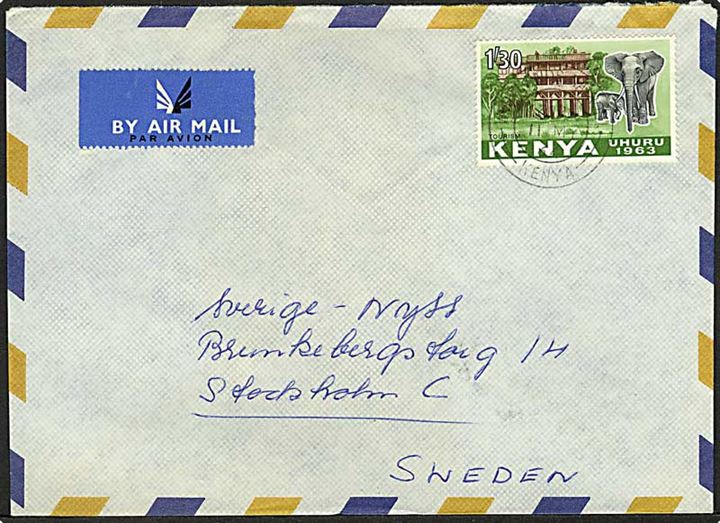 1'30 Uhuru single på luftpostbrev fra Kenya 1964 til Stockholm, Sverige.