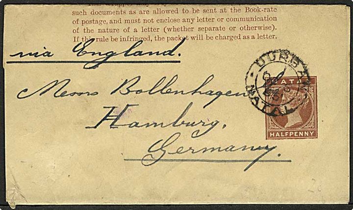½d Victoria helsagskorsbånd fra Durban d. 6.10.1895 til Hamburg, Tyskland. Påskrevet: via England.