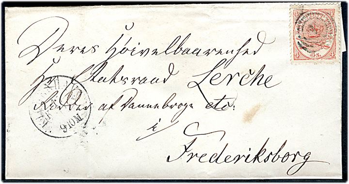 4 sk. Krone/Scepter på brev annulleret med uldent nr.stempel og sidestemplet Kjøbenhavn d. 15.12.18xx til Etatsraad Lerche, Ridder af Dannebrog etc.. i Frederiksborg. Ank.stemplet samme dag. 