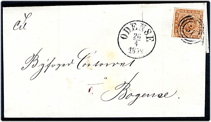4 sk. 1854 udg. på brev annulleret med nr.stempel 51 og sidestemplet antiqua Odense d. 26.4.1858 til Bogense.
