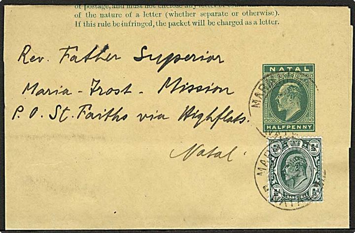 Natal. ½d Edward VII helsagskorsbånd opfrankeret med ½d Edward VII fra Mariannh... d. 21.3.1911 til Highflats, Natal.
