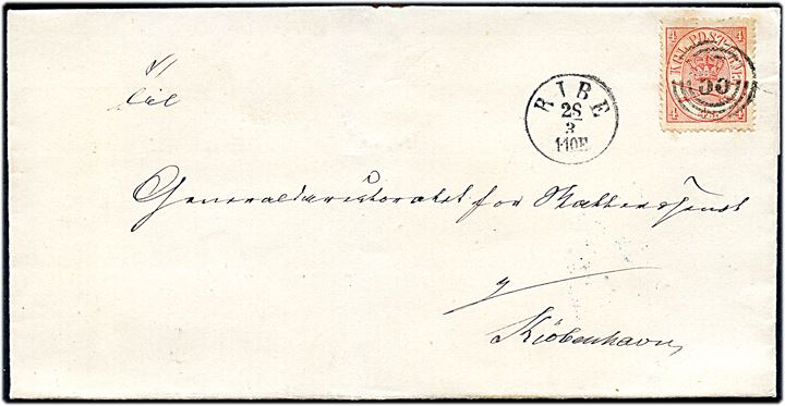 4 sk. Krone/Scepter på brev annulleret med nr.stempel 55 og sidestemplet antiqua Ribe d. 28.3.18xx til København.