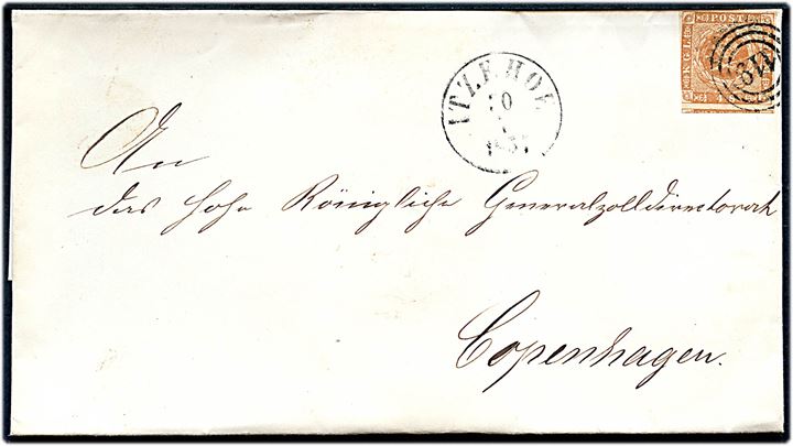 4 sk. 1854 udg. på brev annulleret med nr.stempel 119 og sidestemplet antiqua Itzehoe d. 30.7.1857 til København.
