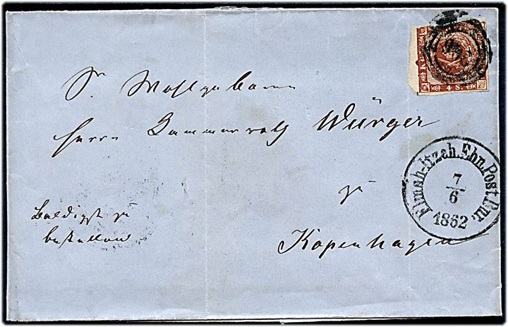 4 sk. 1858 udg. på brev annulleret med nr.stempel 206 og sidestemplet med antiqua bureaustempel Elmsh-Itzeh.Ebn.Post Bur. d. 7.6.1862 til København. 