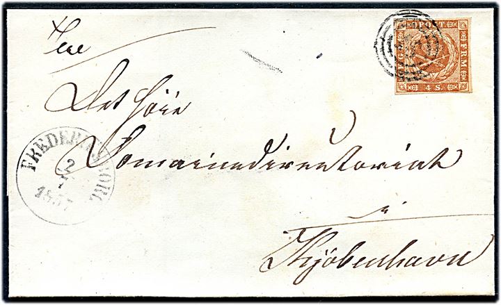 4 sk. 1854 udg. på brev annulleret med nr.-stempel 18 og sidestemplet antiqua Frederiksborg d. 2.7.1857 til Kjøbenhavn.