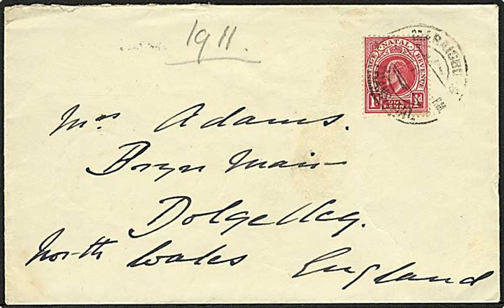 Natal. 1d Edward VII på brev anvendt i Maraisburg Transvaal d. 15.5.1915 til Dolgelley, England.