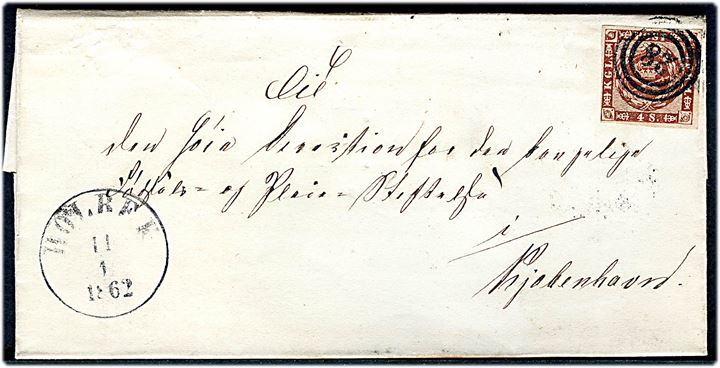 4 sk. 1858 udg. på brev annulleret med nr.-stempel 28 og sidestemplet antiqua Holbek d. 11.1.1862 til Kjøbenhavn.
