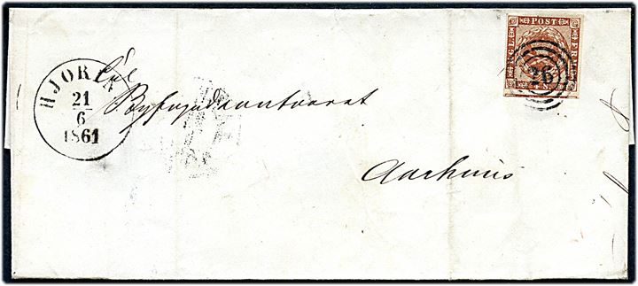 4 sk. 1858 udg. på brev annulleret med nr.stempel 26 og sidestemplet antiqua Hjøring d. 21.6.1861 via Aalborg d. 21.6.1861 til Aarhus.