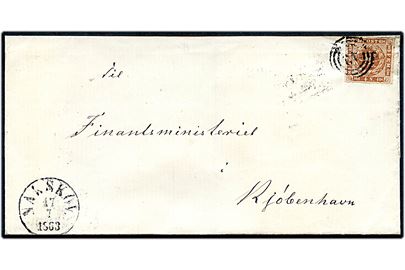 4 sk. stukken kant på brev annulleret med nr.stempel 43 og sidestemplet antiqua Nakskov d. 17.7.1863 til Kjøbenhavn.