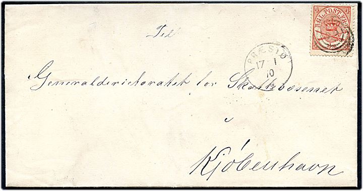 4 sk. Krone/Scepter på brev annulleret med nr.stempel 52 og sidestemplet lapidar VI Præstø * d. 17.1.1870 til Kjøbenhavn.