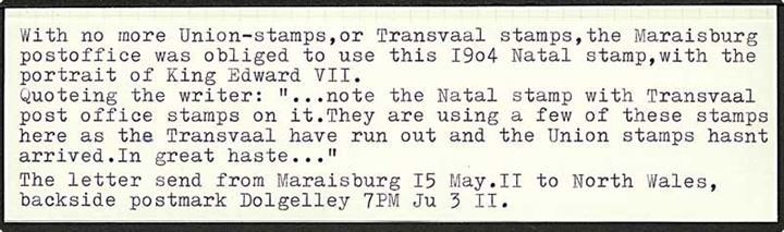 Natal. 1d Edward VII på brev anvendt i Maraisburg Transvaal d. 15.5.1915 til Dolgelley, England.