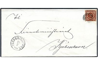 4 sk. 1858 udg. på brev annulleret med svagt nr.stempel 18 og sidestemplet antiqua Frederiksborg d. 15.2.18xx til Kjøbenhavn.