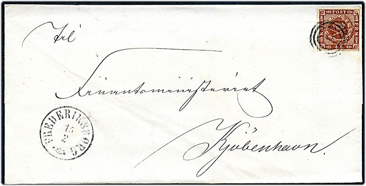 4 sk. 1858 udg. på brev annulleret med svagt nr.stempel 18 og sidestemplet antiqua Frederiksborg d. 15.2.18xx til Kjøbenhavn.
