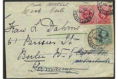 Natal. ½d og 1d (2) Edward VII på brev fra Esperanza d. 13.3.1909 til Berlin, Tyskland - eftersendt til Monte Carlo, Monarco.