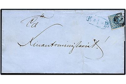 2 sk. 1855 udg. på fodpostbrev i Kjøbenhavn annulleret med nr.stempel 1 og sidestemplet uldent blåt fodpoststempel F:P: d. 2.8.185?.