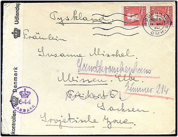 20 øre Chr. X i parstykke på brev fra København d. 11.5.1947 til Meissen, Tyskland - eftersendt lokalt. Åbnet af dansk efterkrigscensur (krone)/644/Danmark.