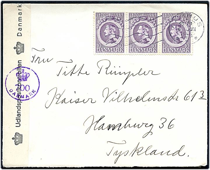 10 øre Chr. X 75 år i 3-stribe på brev fra Aarhus d. 6.6.1946 til Hamburg, Tyskland. Åbnet af dansk efterkrigscensur (krone)/700/Danmark.
