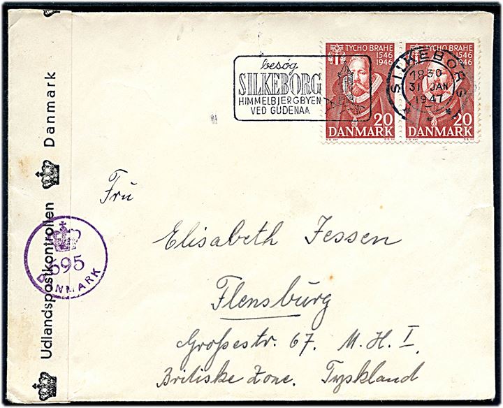 20 øre Tycho Brahe i parstykke på brev fra Silkeborg d. 31.1.1947 til Flensburg, Tyskland. Åbnet af dansk efterkrigscensur (krone)/695/Danmark.