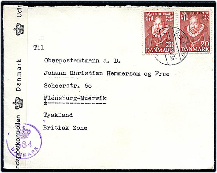 20 øre Thyco Brahe i parstykke på brev fra Esbjerg d. 26.2.1947 til Flensburg-Mürwik, Tyskland. Åbnet af dansk efterkrigscensur (krone)/684/Danmark. Bagklap mgl.