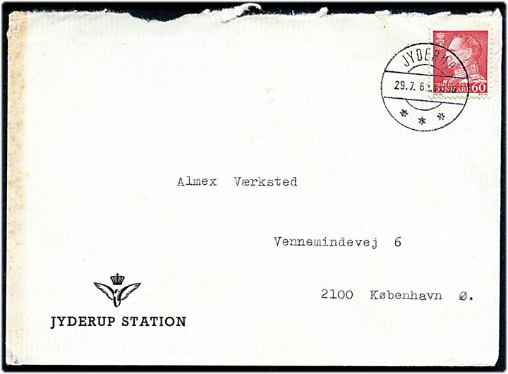 60 øre Fr. IX på fortrykt DSB kuvert fra Jyderup Station stemplet Jyderup d. 29.7.1968 til København. Urent åbnet.