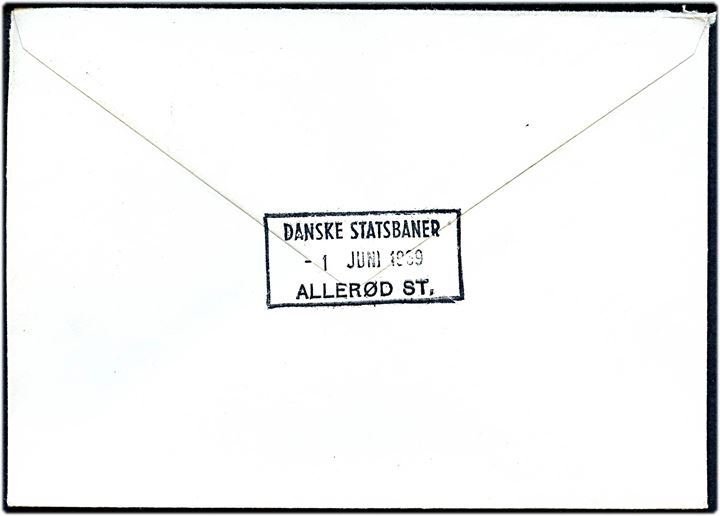 60 øre Fr. IX på fortrykt DSB kuvert fra Allerød Station stemplet Allerød d. 1.5.1969 til København. På bagsiden rammestempel Danske Statsbaner Allerød St..