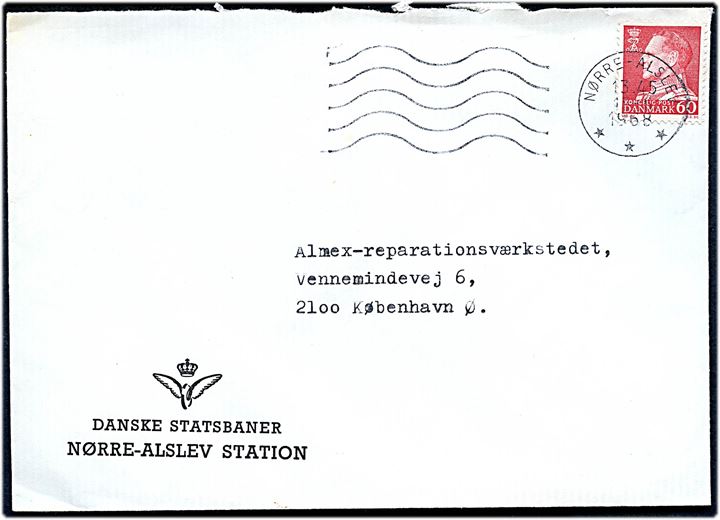 60 øre Fr. IX på fortrykt DSB kuvert fra Nørre-Alslev station stemplet Nørre-Alslev d. 15.6.1968 til København.