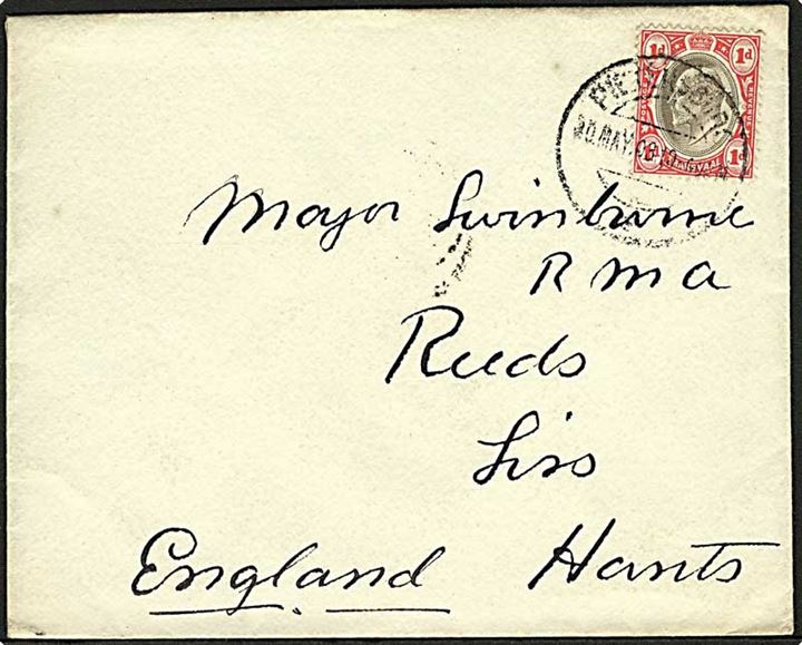 Transvaal. 1d Edward VII på brev fra Pietersburg d. 20.5.1908 til England.