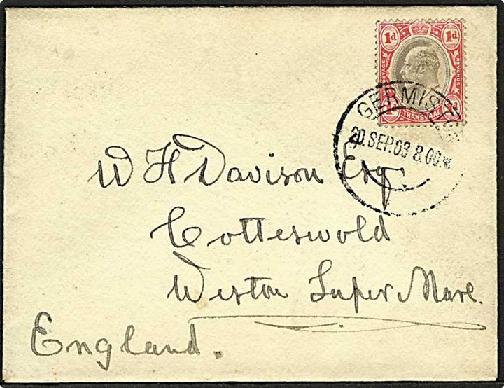 Transvaal. 1d Edward VII på brev fra Germiston d. 20.9.1903 til Weston, England.