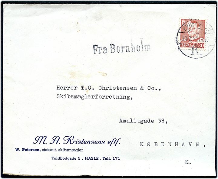 30 øre Fr. IX på brev fra Hasle annulleret i København d. 11.2.1954 og sidestemplet Fra Bornholm til København.